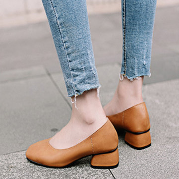 Square Toe V Mouth Chunky Heels Shoes