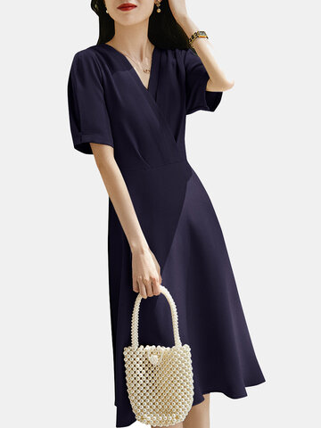 Pleated Wrap V-neck Solid Dress