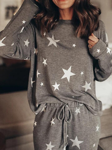 Allover Stars Hearts Print O-Neck Pajamas