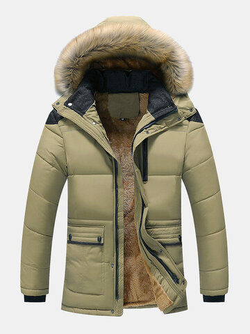Men’s Plush Lined Warm Detachable Faux Fur Collar Hooded Overcoats