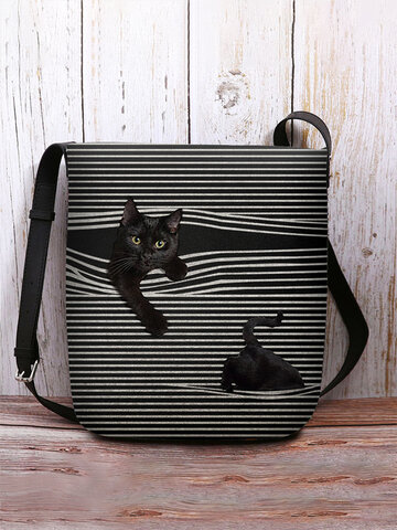 Felt Stripe Cat Print Crossbody Bag
