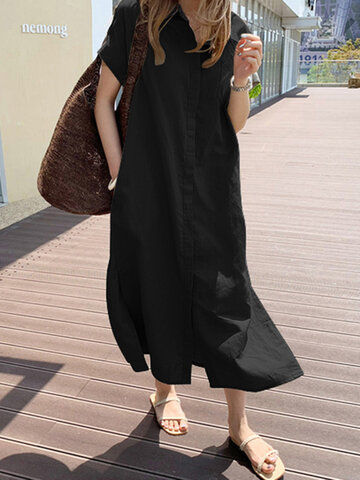 Solid Button Pocket Casual Shirt Dress