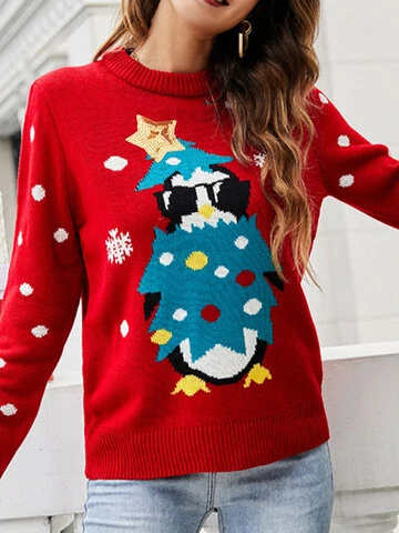 Cartoon Animal Christmas Crew Neck Long Sleeve Sweater