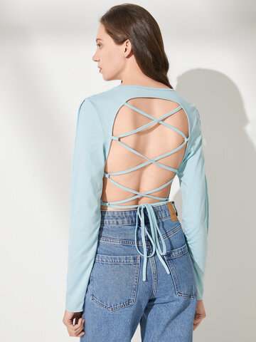 Solid Backless Lace Up Crop Top