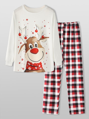 Cute Christmas Elk Print Pajamas Set