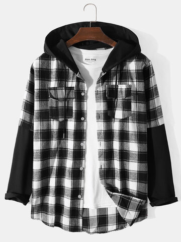 Plaid Stitching 2 In 1 Hooded Shirts