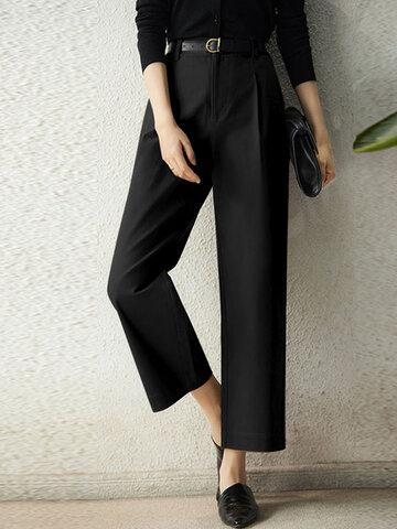 Solid Straight Leg Tailored Pants