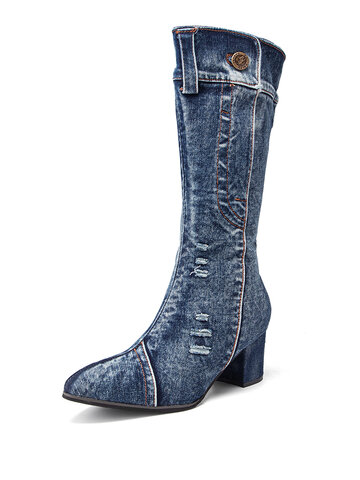 Mofri Womens Stylish Frayed Pointed Toe High Block Heels Side Zipper Stretchy Denim Mid Calf Boots