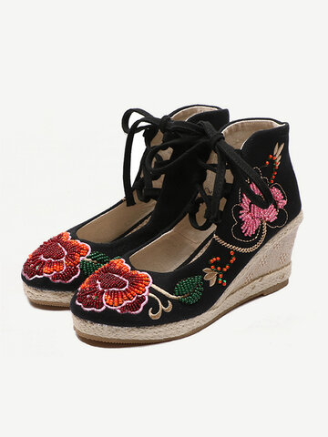 Embroidery Rhinestone Wedge Heel Shoes