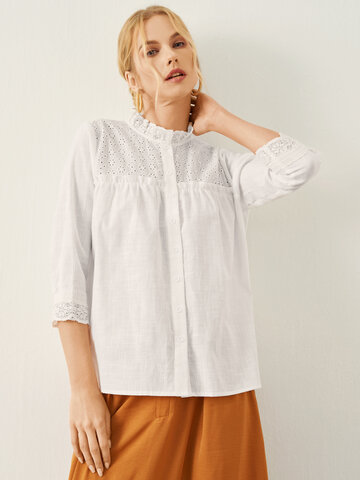 Lace Panel Stand Collar Blouse