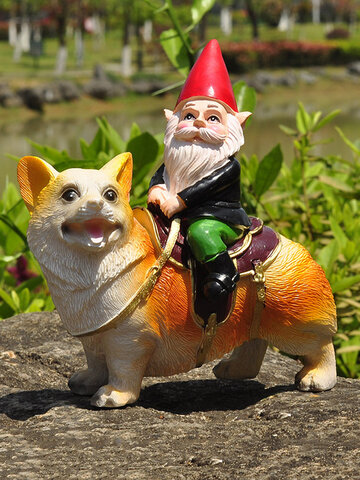 1PC Resin Gnome Dwarf Hand Painted Statues With Corgi Dog Lawn Decorations Indoor Outdoor Christmas Garden Ornament