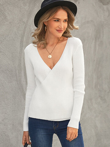 Solid Ribbed Wrap V-neck Sweater