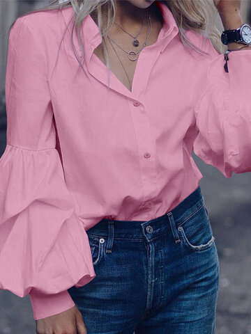 Solid Color Turn Down Collar Blouse