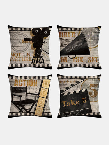 4 Pcs Vintage Retro Movie Projector Cinema Printed Linen Cushion Cover Home Sofa Decor Throw Pillow Cover Pillowcases