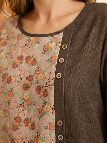 Floral Print Patchwork Button O-neck Long Sleeve Casual Blouse