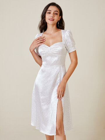 Dot Print Slit Elegant Dress