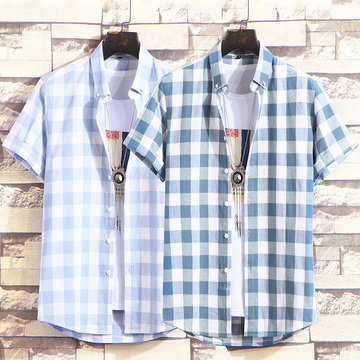 

Plaid Short-sleeved Shirt Male Loose Trend Casual Shirt Male Season Ins Net Red Port Wind Handsome Shirt
