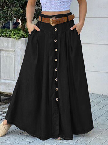 Solid Button Casual Maxi Skirt