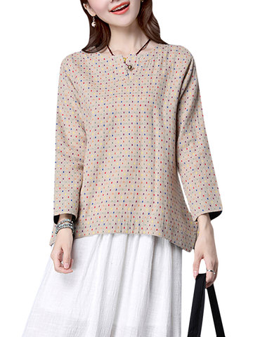 

Women Polka Dots Printed Long Sleeve Vintage Blouse, Navy khaki