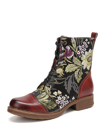 Elegant Flowers Embroidery Genuine Leather Zipper Boots