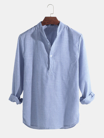 Mens Cotton Stand Collar Long Sleeve Henley Shirt