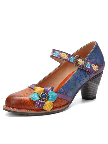 Socofy Leather Floral Embellished Mary Jane Heels