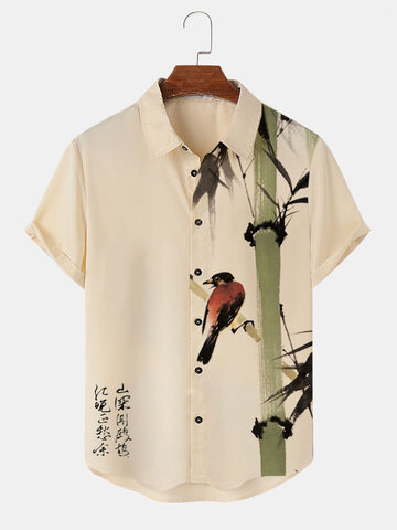 Camicie con stampa di bambù con uccelli cinesi