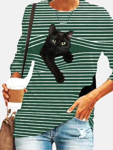 Black Cat Print White Striped T-shirt