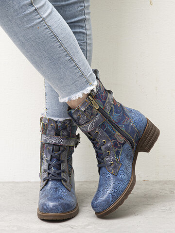 Socofy Retro Floral Embroidered Leather Boots