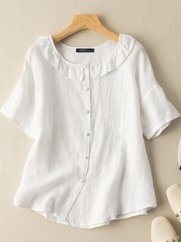 Ruffle Crew Neck Solid Blouse