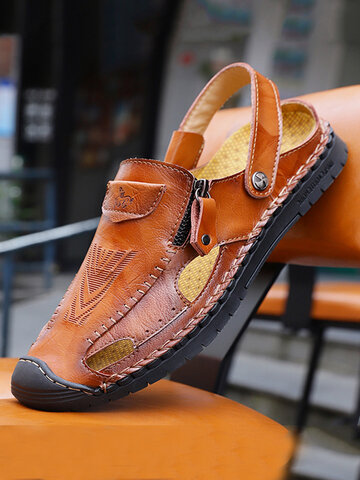 Menico Large Size Men Stitching Zipper Leather Sandals