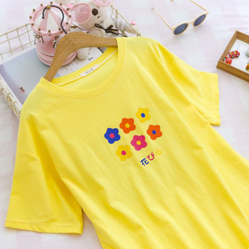 

Season New Japanese College Wind Sweet Flower Printing Round Neck Short-sleeved T-shirt Shirt Women's Clothing