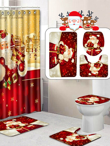 4Pcs क्रिसमस शावर परदा बाथरूम विरोधी पर्ची कालीन गलीचा शौचालय कवर चटाई सेट