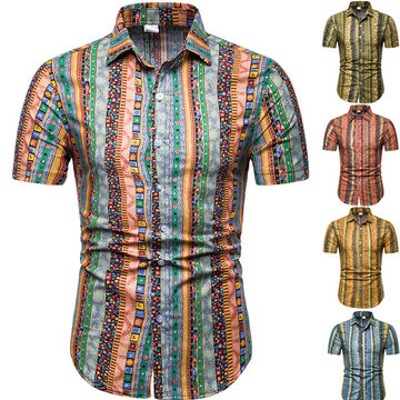 

Season New Male National Style Floral Shirt Large Size Casual Slim Men's Cotton Short-sleeved Shirt