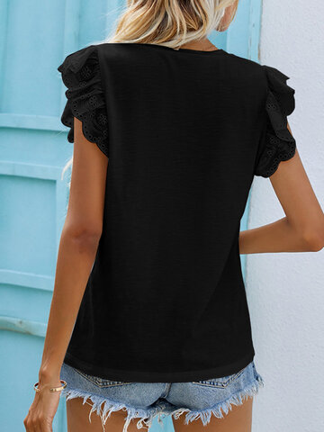 V-Neck Lace Sleeve Splice T-Shirt