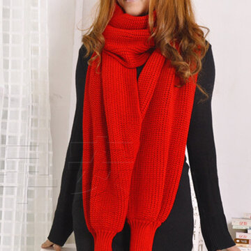 Women Warm Knitted Solid Scarves With Sleeves