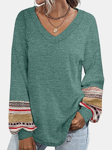 Women Patchwork Lantern Sleeves Loose V-neck Casual Sweatshirt
