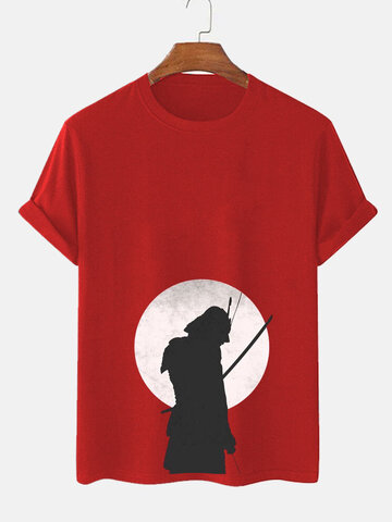 Japanese Warrior Moon Print T-Shirts