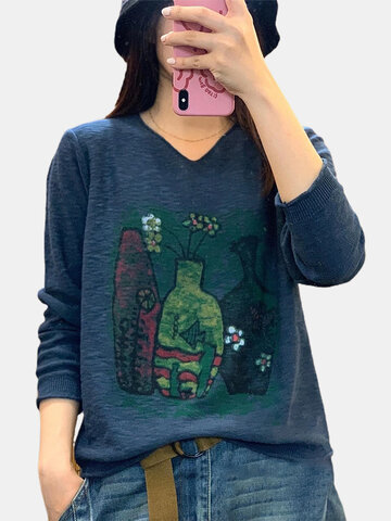 Women Print Long Sleeves V-neck Thin Knitted Sweater