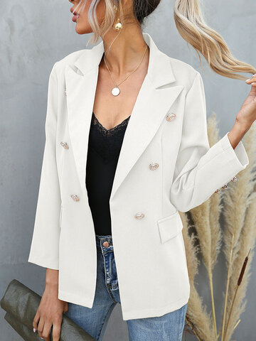 Solid Double Breasted Lapel Blazer