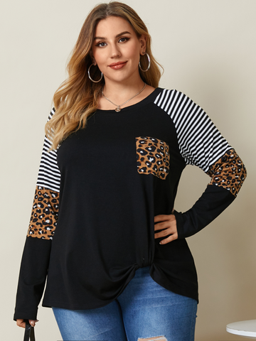 Leopard Striped Print O-neck Long Sleeve Plus Size Pocket T-shirt