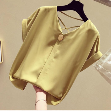 

V-neck Chiffon Shirt Female Short-sleeved New Loose Yellow Shirt Foreign Gas Carefully Machine Backless Top