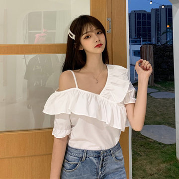 

Irregular Off-the-shoulder Ruffled Sling Short-sleeved Candy-colored Temperament Top