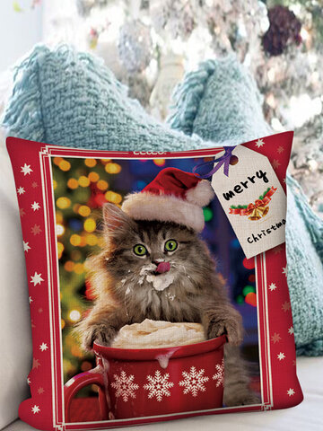 1PC Christmas Festival Style Cat Pattern Bedroom Sofa Car Living Room Cushion Cover Throw Pillow Cover Pillowcase