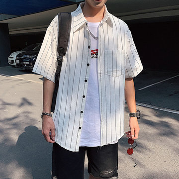 

New Season Hong Kong Wind Couple Five-point Sleeve Striped Shirt Loose Student Short-sleeved Trend Clothes Shirt Male