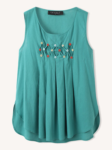 Pleated Buttons Sleeveless O-neck Casual Tank Tops