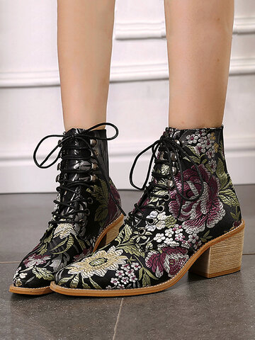 Embroideried Square Heel Strappy Short Boots