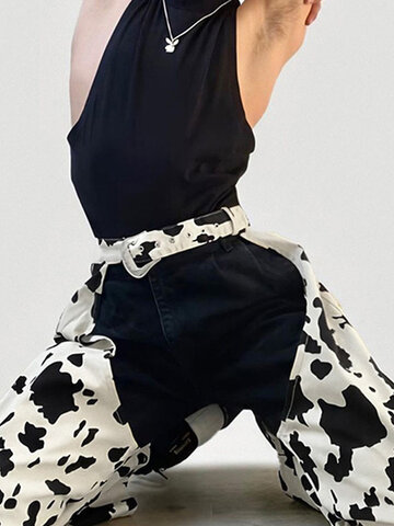 Mens Cow Printed Cutout Pants