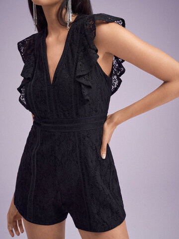 Lace Solid Ruffle Sleeve Romper