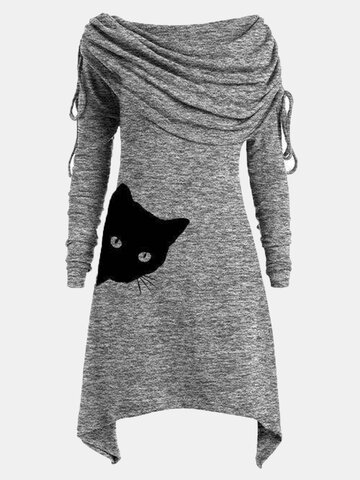 Cat Print Drawstring Dress